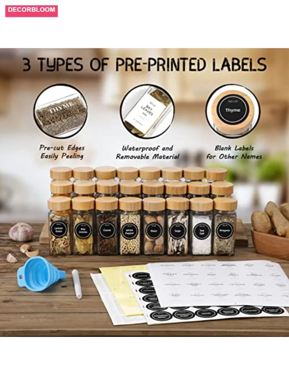 24 Glass Spice Jars with Bamboo Lids, Shaker Lids, Funnel & Labels
